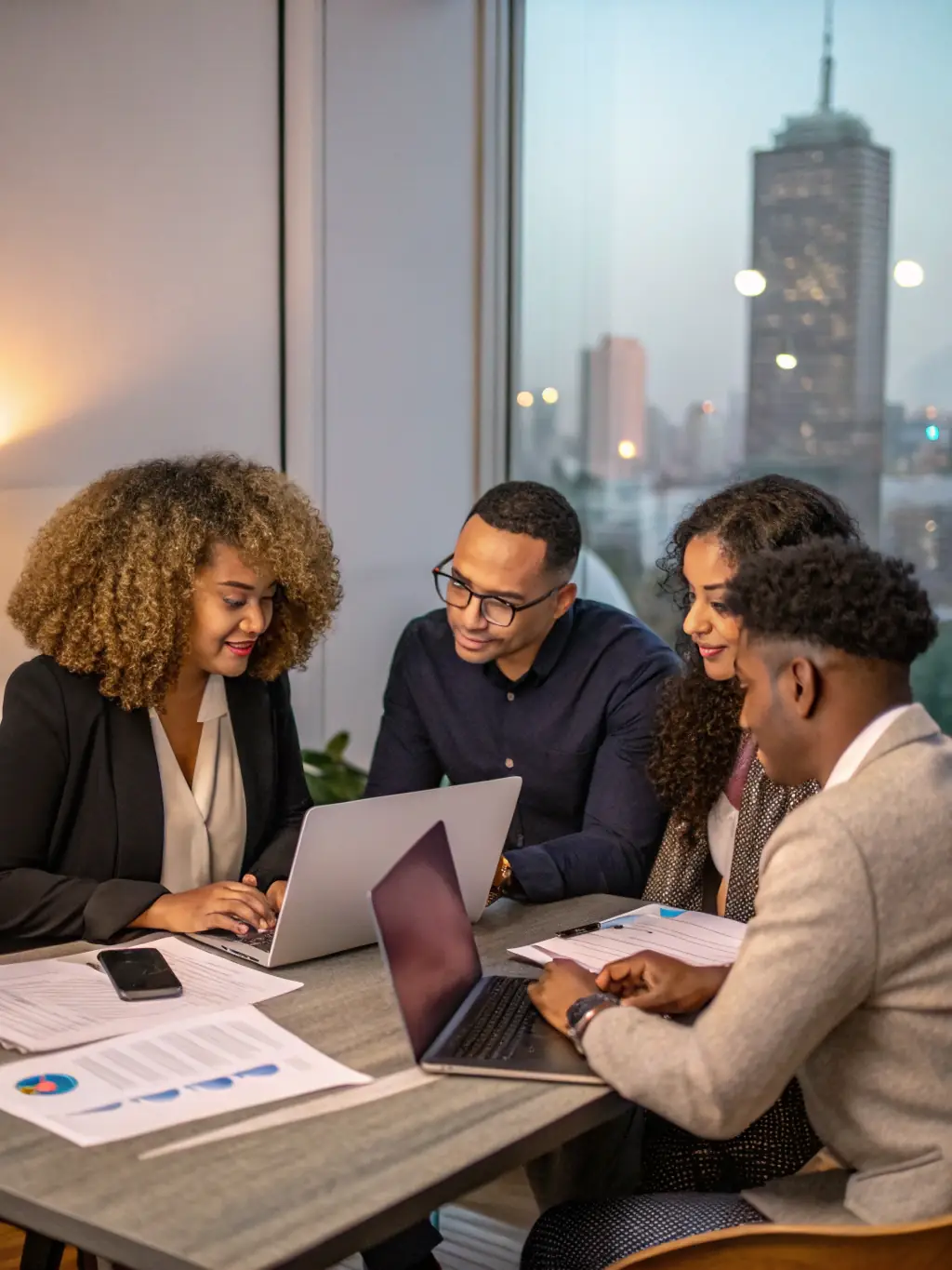 A diverse group of people looking at investment charts on a large screen in a modern office, representing collaborative investment strategies.