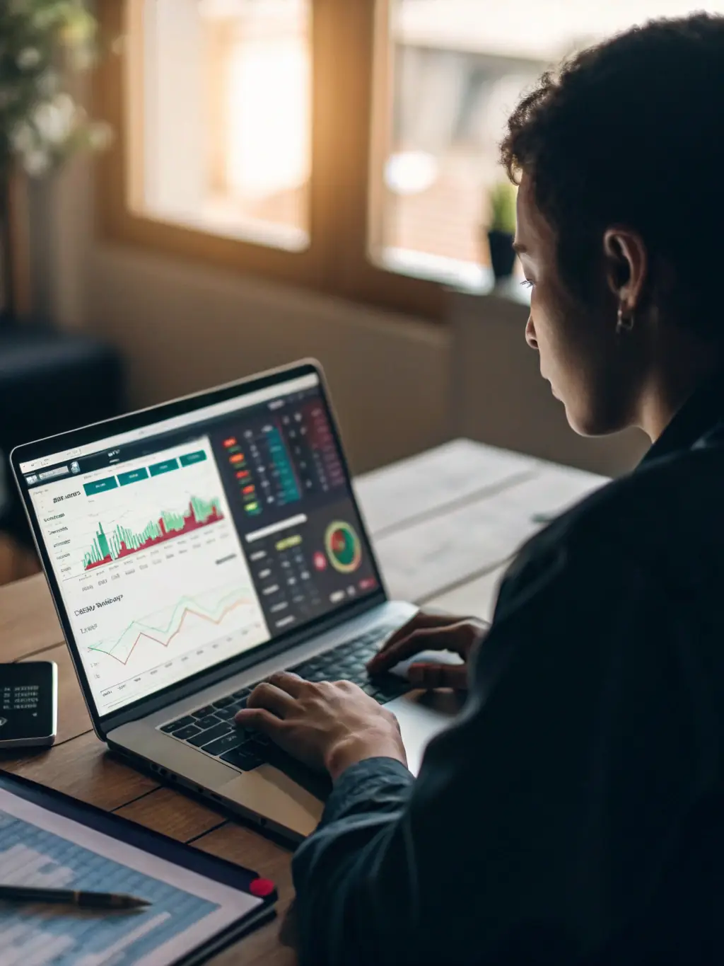 A person using a secure online banking portal on a laptop, with charts and graphs in the background, representing digital financial management.