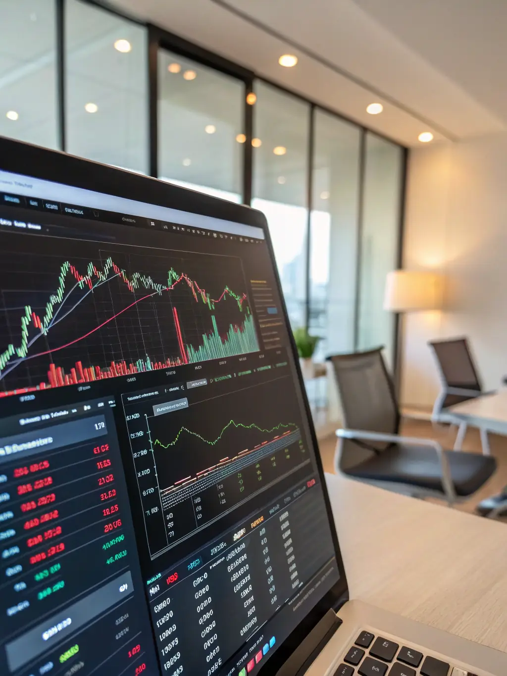 Ein Bild von Finanzcharts und Anlageprodukten auf einem Bildschirm, die positive Wachstumstrends zeigen.