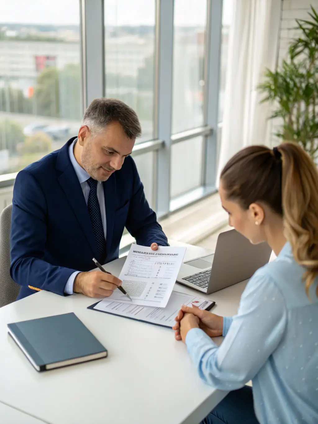 A professional advisor in a suit, sitting at a desk, reviewing financial documents with a young professional woman, both smiling, in a modern office setting, representing personalized financial planning.