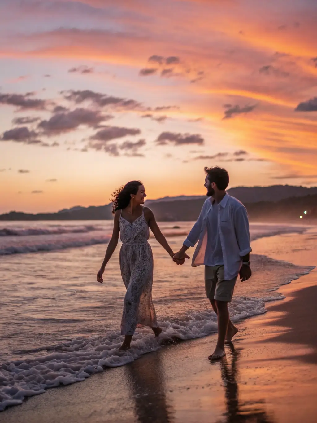 A senior couple happily walking on a beach during sunset, representing retirement planning and financial security.